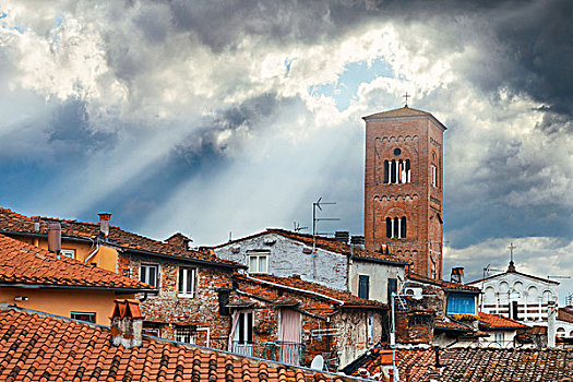 塔,教会,屋顶,古建筑,太阳光,背景,卢卡,意大利