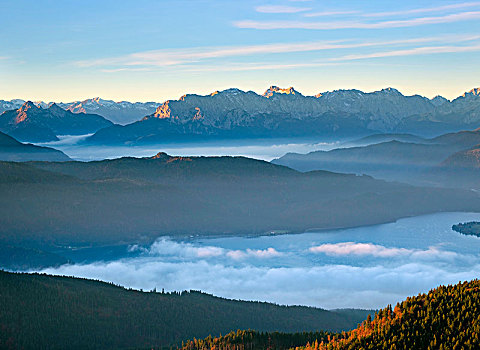 瓦尔幸湖,山脉,风景,俯视,云量,上巴伐利亚,巴伐利亚,德国,欧洲
