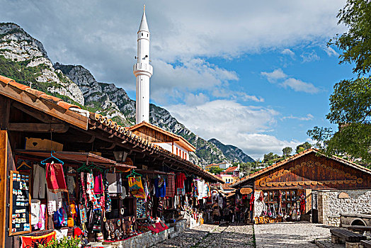 集市,街道,清真寺,阿尔巴尼亚,欧洲