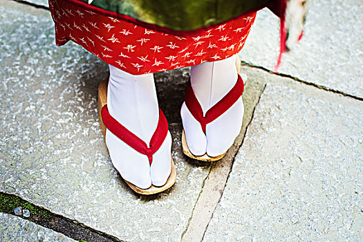 传统,艺伎,女人,脚,木质,凉鞋,红色,带子,白色,长袜