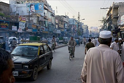 街景,行人,老,建筑,污染,交通工具,巴基斯坦