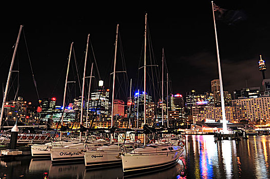 澳大利亚悉尼达令港夜景船只