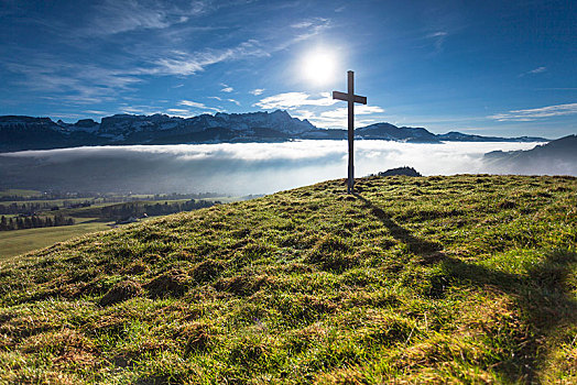 顶峰,十字架,山,高,雾,正面,阿彭策尔,瑞士,欧洲