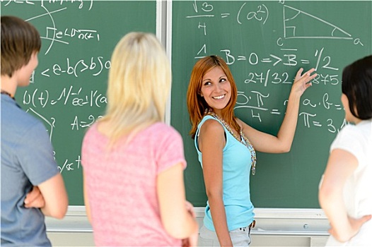 学生,站立,正面,绿色,黑板,数学