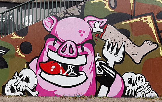 猪,吃,人,涂鸦,肉,素食,生活,北莱茵威斯特伐利亚,德国,欧洲