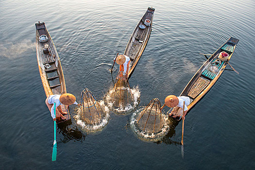 三个,腿,划船,渔民,投掷,网,茵莱湖