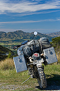 摩托车,正面,春天,山谷,攀升,彩虹,南岛,新西兰