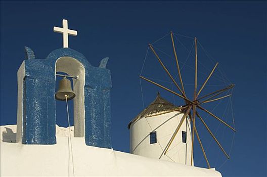 钟楼,风车,锡拉岛,基克拉迪群岛,爱琴海,希腊
