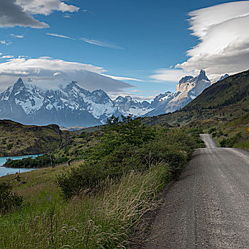 风景,道路,山,背景,托雷德裴恩国家公园,巴塔哥尼亚,智利