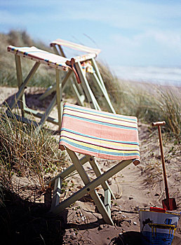 折叠,海滩,凳子,条纹,座椅,沙子,玩具,海洋