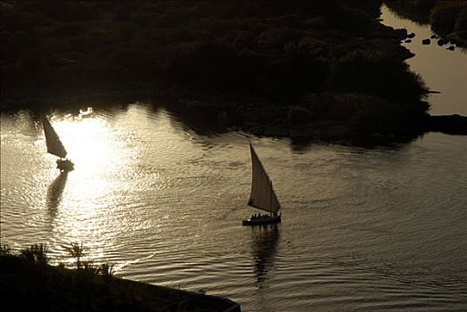 尼罗河,石头,漩涡,河,夜光,上方,三桅小帆船,阳光,阿斯旺,埃及