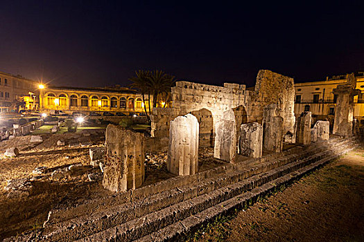 夜景,古老,阿波罗神庙,岩石,墓地,锡拉库扎,西西里,意大利,欧洲
