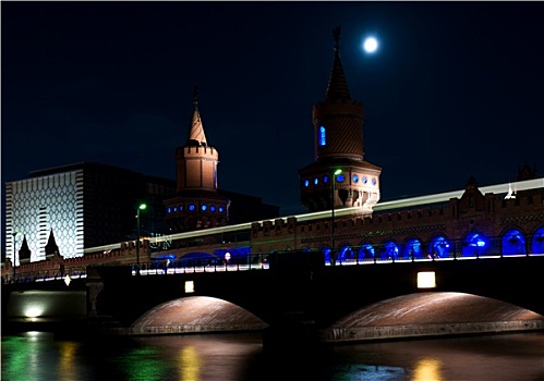 桥,夜晚,灯光,柏林,德国