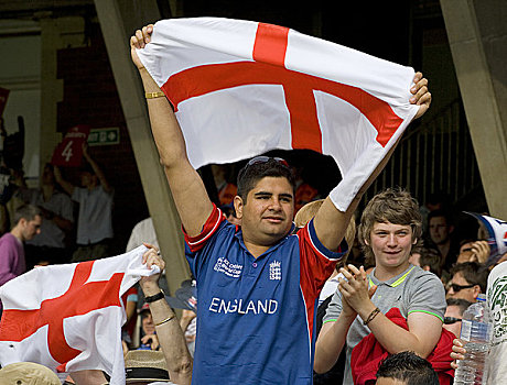 英格兰,伦敦,板球,狂热,支持,团队,拿着,旗帜,高