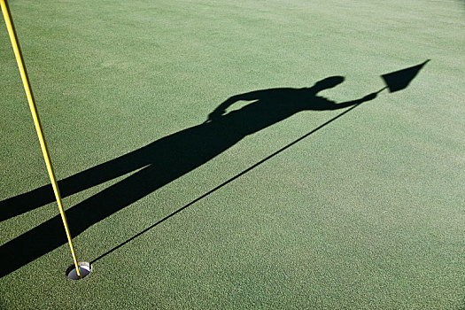 影子,打高尔夫,旗帜,绿色,高尔夫球场