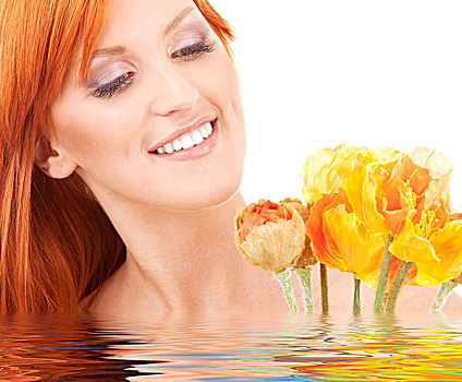 红发,女人,花,水中
