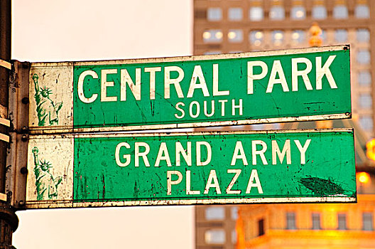 中央公园,壮观的士兵广场,路标,纽约,美国