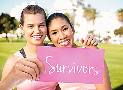 幸存者,两个,微笑,女人,穿,粉色,乳腺癌,文字,握着,卡