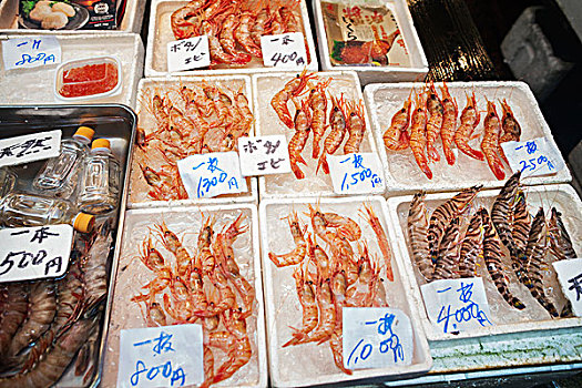 传统,鲜鱼,市场货摊,东京,新鲜,烹饪,对虾,冰,手写,价格,标识