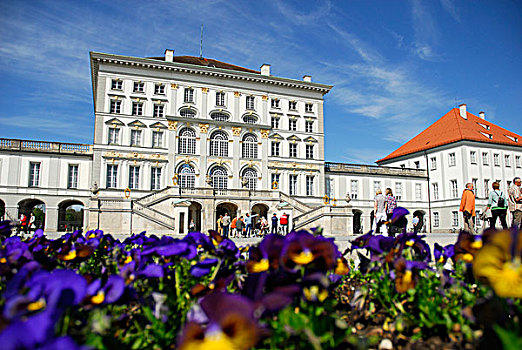 花,正面,花园,城堡,宁芬堡,宫殿,慕尼黑,上巴伐利亚,巴伐利亚,德国,欧洲