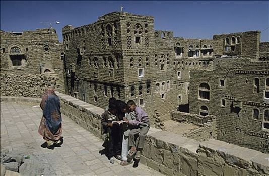 也门,牢固,乡村,孩子,读,坐,矮墙,女人