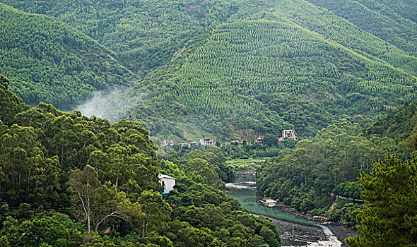 景色,深,峡谷,河,房子