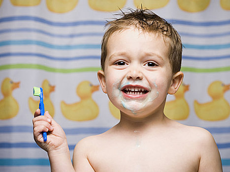 男孩,牙刷,浴室,微笑