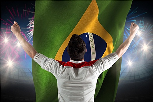 兴奋,球迷,欢呼,烟花,爆炸,上方,足球场,巴西,旗帜
