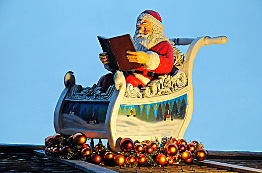 父亲,圣诞老人,读,书本,雪橇,圣诞市场,多特蒙德,北莱茵威斯特伐利亚,德国,欧洲