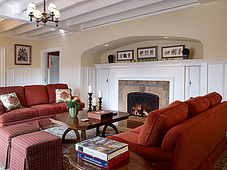 一对,红色,沙发,木质,茶几,传统风格,起居室