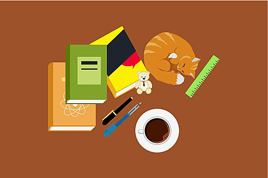 工作场所,教育,书本,咖啡,象征,学校,学习,概念,笔记本,咖啡杯,插画