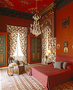 卧室,红色,图案,天花板,镀金,摩尔风格,山形墙,高处,一个,窗户