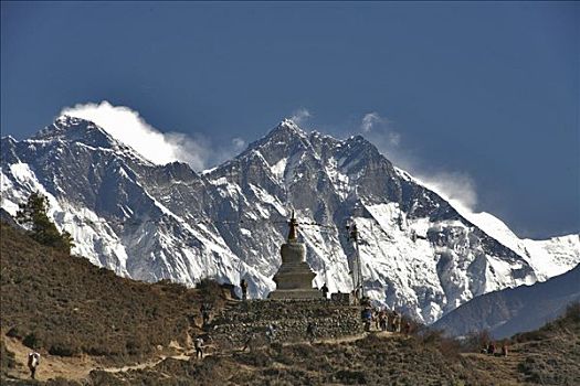 佛塔,正面,悬崖,珠穆朗玛峰,山,尼泊尔,亚洲