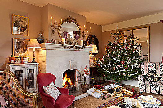 壁炉,圣诞树,经典,客厅