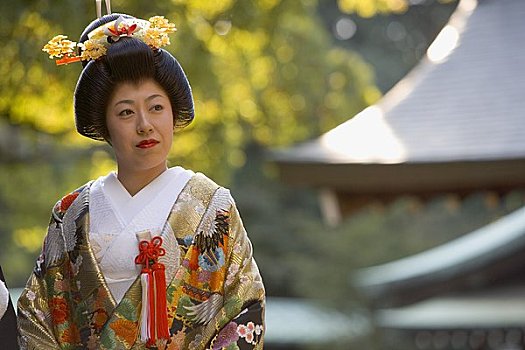 女人,穿,和服,日本