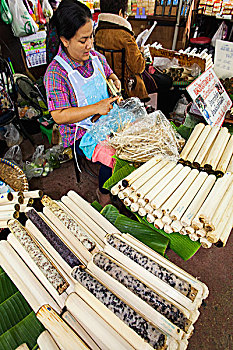 泰国,清迈,市场,女人,制作,糯米