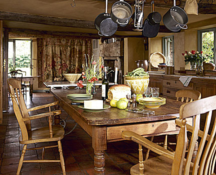 乡村风格,厨房,松树,餐桌,椅子