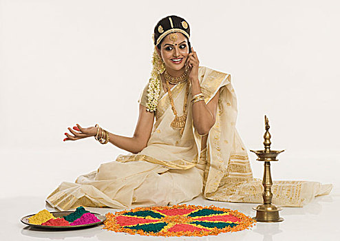 印第安女人,传统服装,制作,交谈,手机