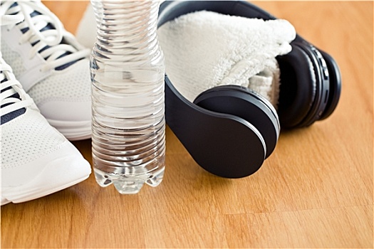 运动,概念,耳机,鞋,水,瓶子