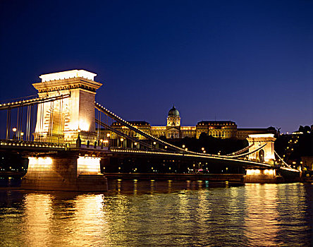 链索桥,多瑙河,夜晚,背景,布达佩斯,匈牙利