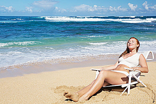 美女,日光浴,海滩,考艾岛,夏威夷,美国
