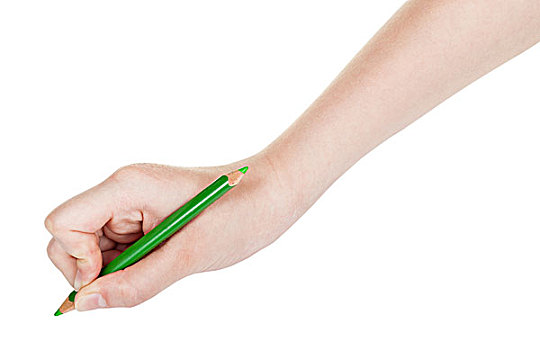 手,绿色,铅笔,隔绝,白色背景