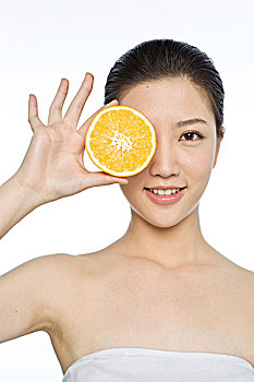 年轻,亚洲女性,拿着,橙子,正面,眼,中国,亚洲