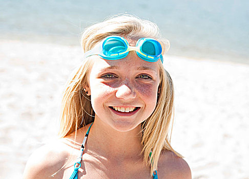 女孩,戴着,潜水镜,海滩,肖像