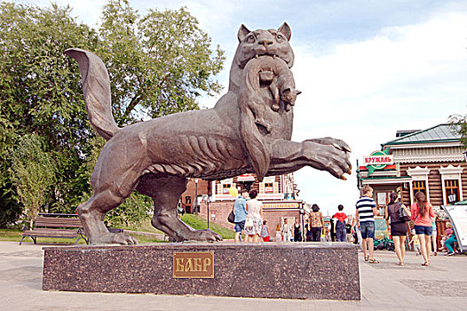 西伯利亚虎,青铜,纪念建筑,象征,城市,伊尔库茨克,西伯利亚,俄罗斯,欧洲