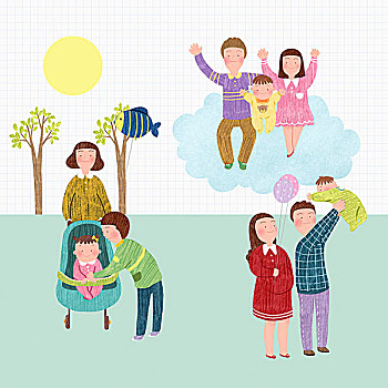 插畫,父母,嬰兒,玩,一起