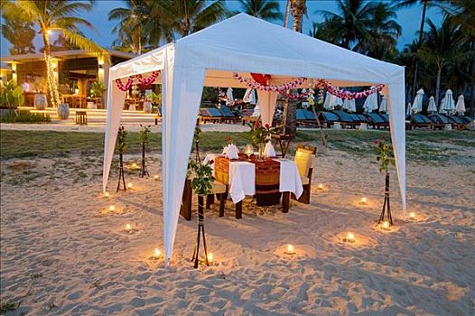 帐蓬,餐桌,海滩,一个,胜地,泰国