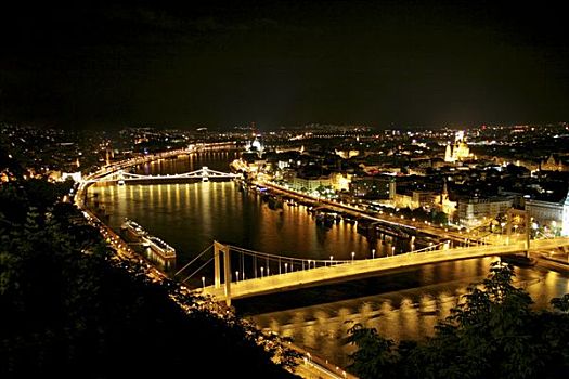 全景,上方,桥,链索桥,夜景,风景,山,布达佩斯,匈牙利,欧洲