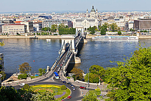 航拍,链索桥,上方,多瑙河,布达佩斯