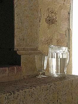 罐,水,玻璃杯,高脚杯,正面,壁炉,古老,砂岩,墙壁